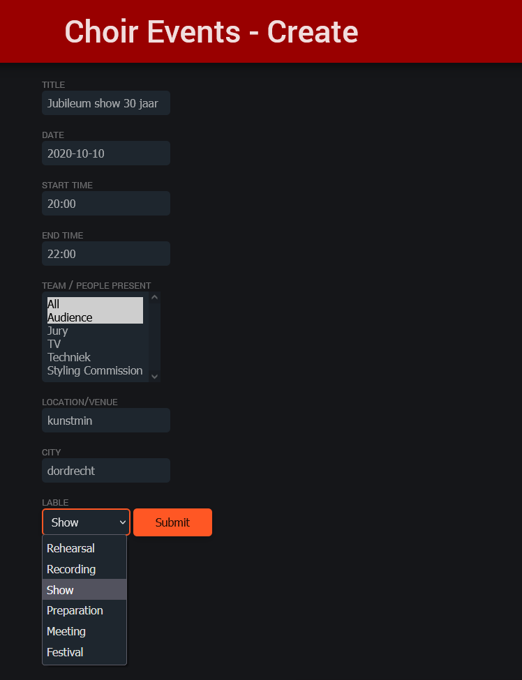 Screenshot of the app. It shows a create event form where the lable is being predicted while the form is being filled in